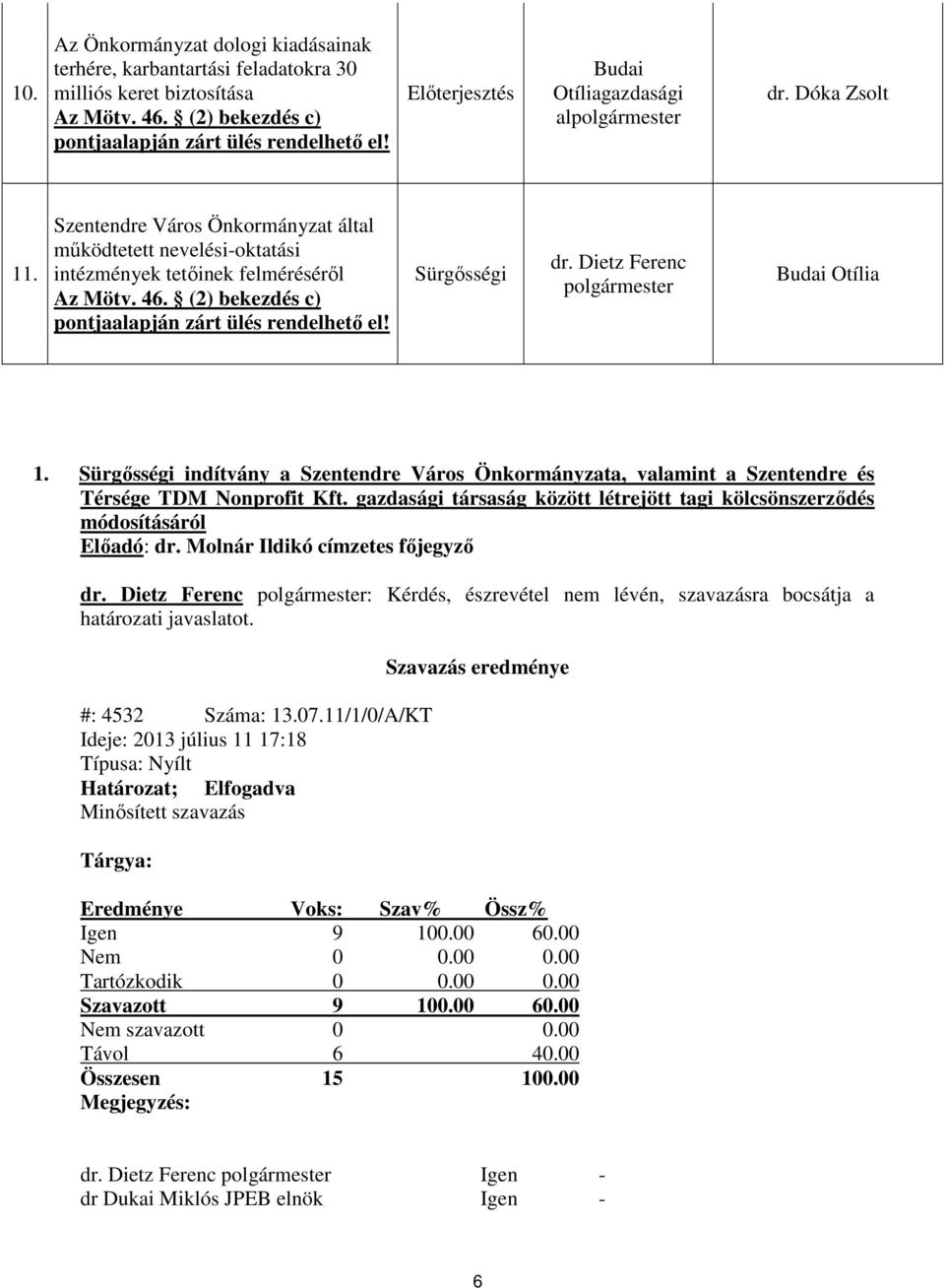 (2) bekezdés c) pontjaalapján zárt ülés rendelhető el! Sürgősségi dr. Dietz Ferenc polgármester Budai Otília 1.