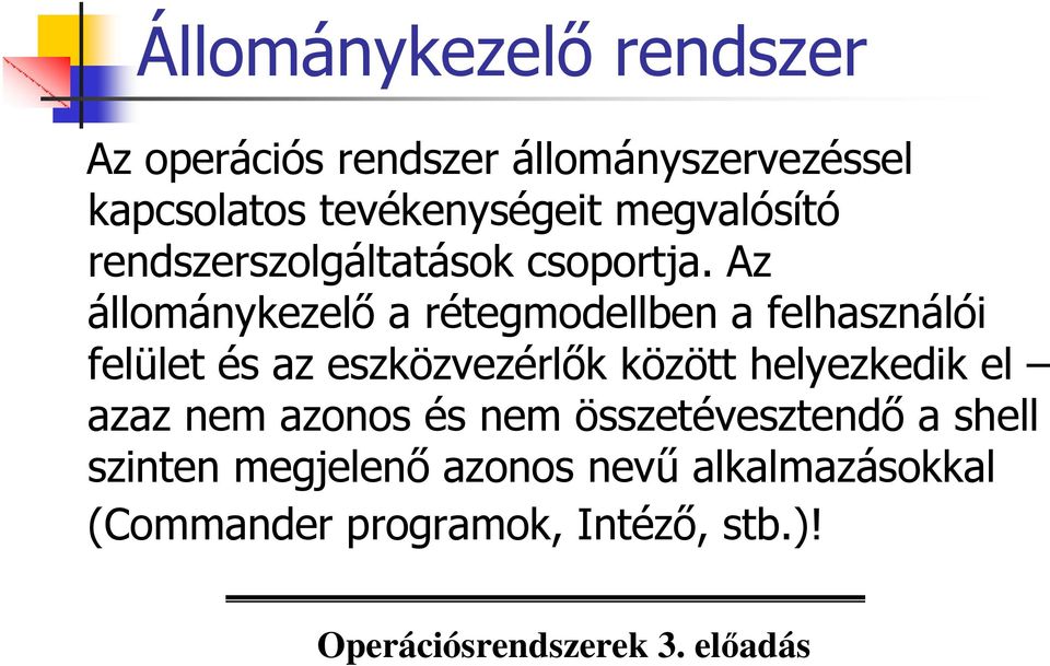 Az állománykezelı a rétegmodellben a felhasználói felület és az eszközvezérlık között