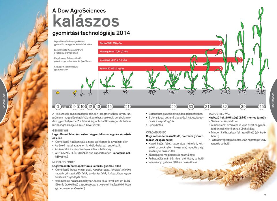 Az igazi hatás Kedvező hektárköltségű gyomirtó szer Genius WG 200 g/ha Mustang Forte 0,8-1,0 l/ha Colombus EC 1,0-1,5 l/ha Taltos 450 WG 33 g/ha TECHNOLÓGIA 0 BBCH J 9 10 12 13 15 21 29 30 31 32 39