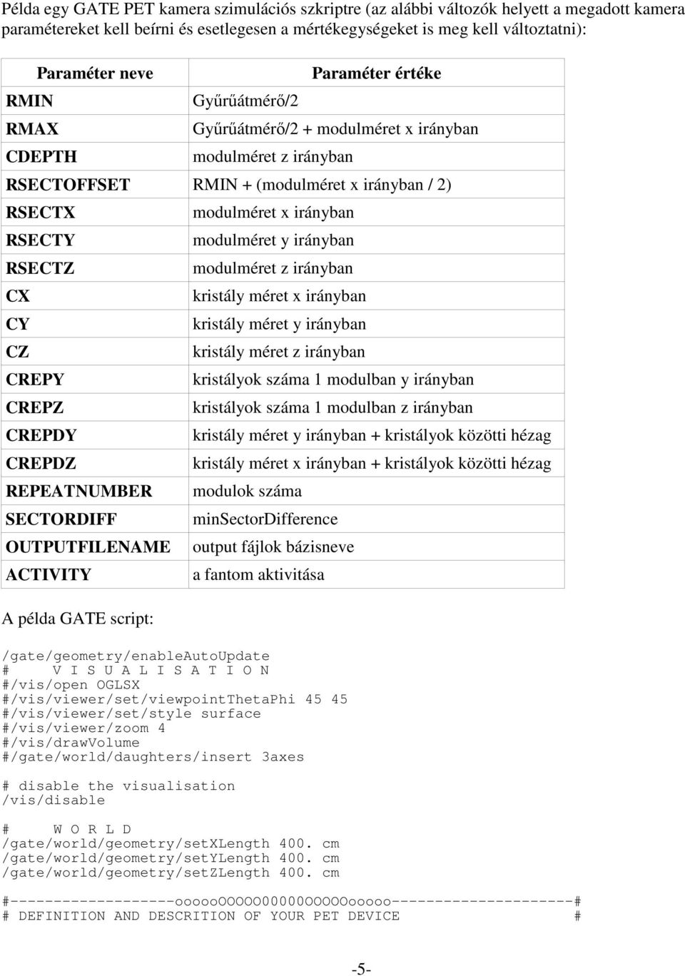 CREPDZ REPEATNUMBER SECTORDIFF OUTPUTFILENAME ACTIVITY A példa GATE script: modulméret x irányban modulméret y irányban modulméret z irányban kristály méret x irányban kristály méret y irányban