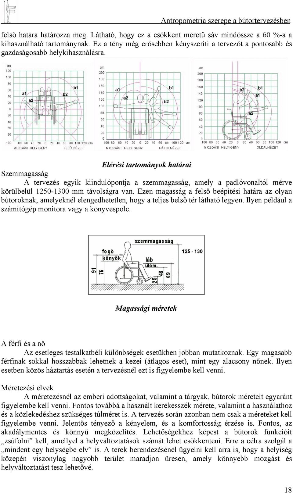 Elérési tartományok határai Szemmagasság A tervezés egyik kiindulópontja a szemmagasság, amely a padlóvonaltól mérve körülbelül 1250-1300 mm távolságra van.