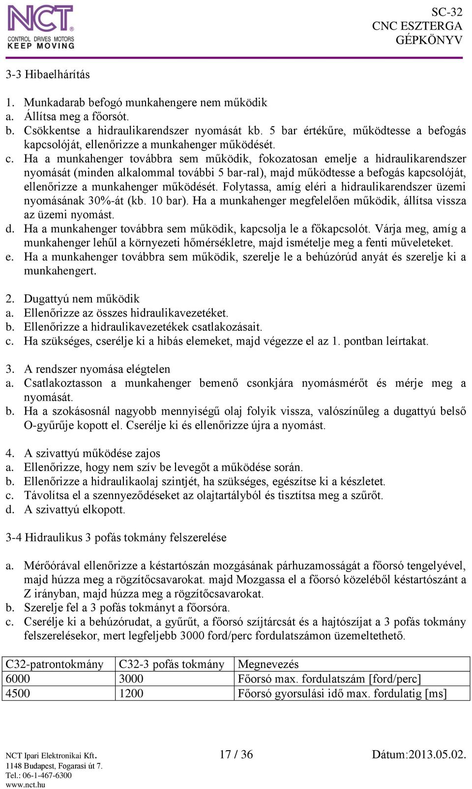 Ha a munkahenger továbbra sem működik, fokozatosan emelje a hidraulikarendszer nyomását (minden alkalommal további 5 bar-ral), majd működtesse a befogás kapcsolóját, ellenőrizze a munkahenger