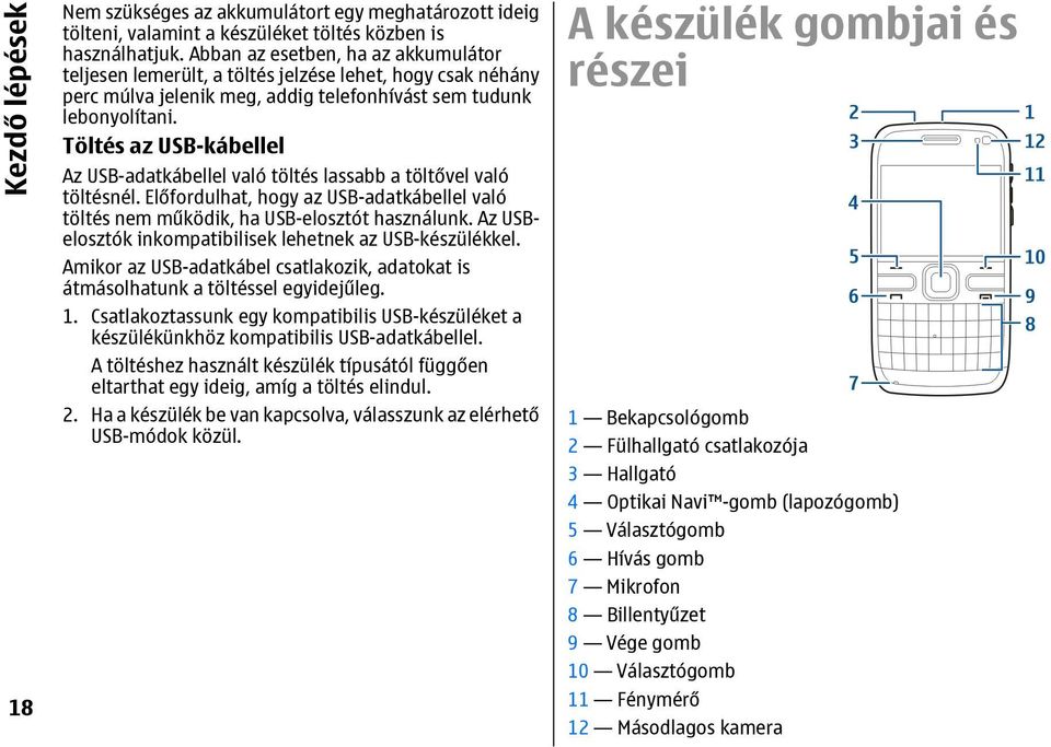 Töltés az USB-kábellel Az USB-adatkábellel való töltés lassabb a töltővel való töltésnél. Előfordulhat, hogy az USB-adatkábellel való töltés nem működik, ha USB-elosztót használunk.