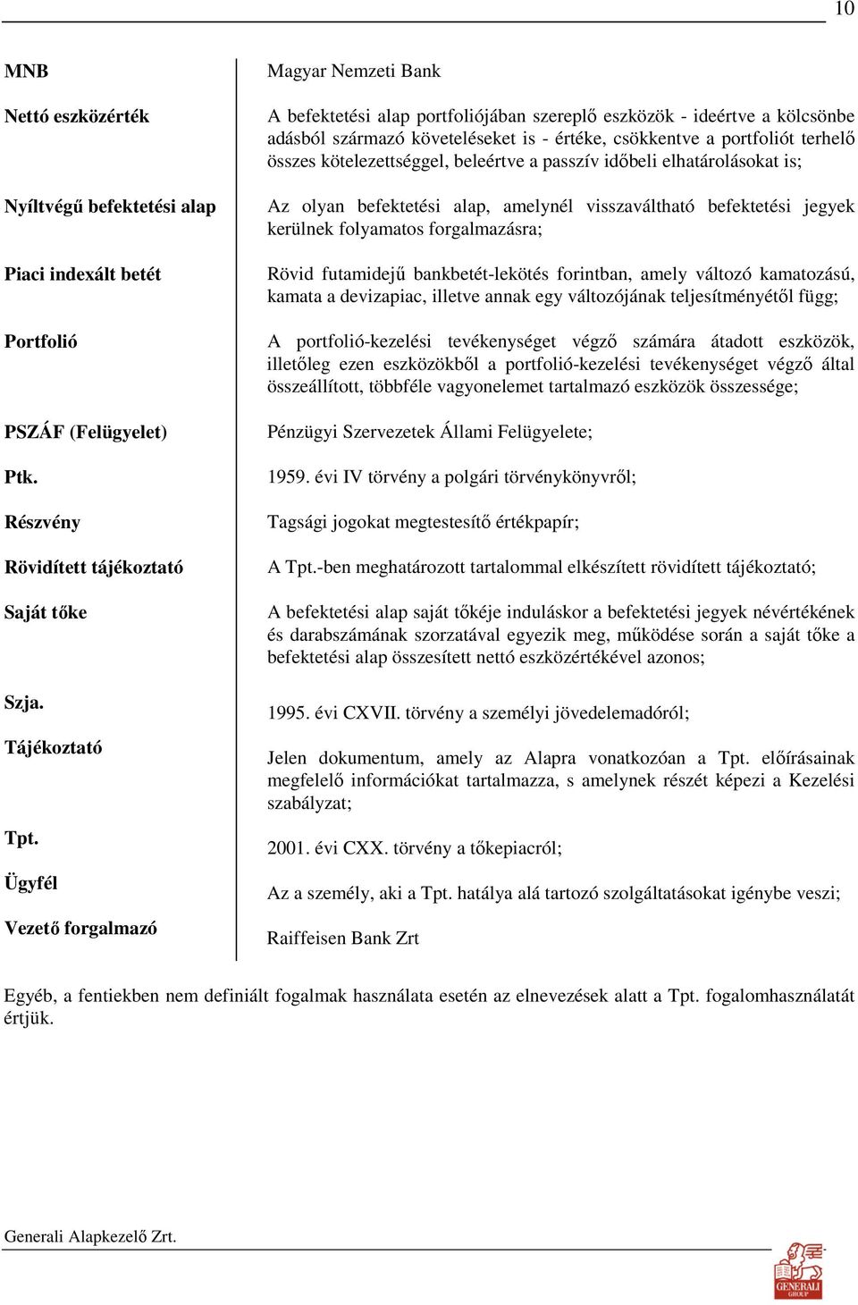 összes kötelezettséggel, beleértve a passzív idıbeli elhatárolásokat is; Az olyan befektetési alap, amelynél visszaváltható befektetési jegyek kerülnek folyamatos forgalmazásra; Rövid futamidejő