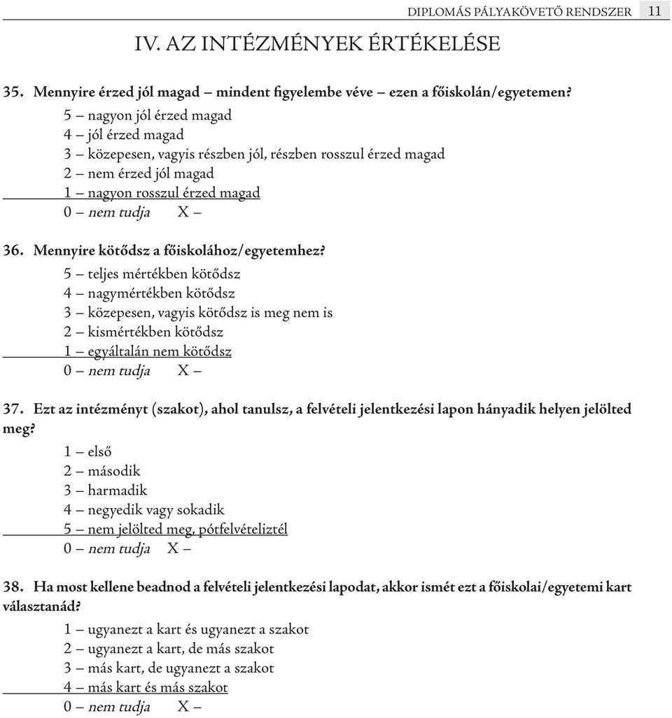 Mennyire kötődsz a főiskolához/egyetemhez? 5 teljes mértékben kötődsz 4 nagymértékben kötődsz 3 közepesen, vagyis kötődsz is meg nem is 2 kismértékben kötődsz 1 egyáltalán nem kötődsz 37.