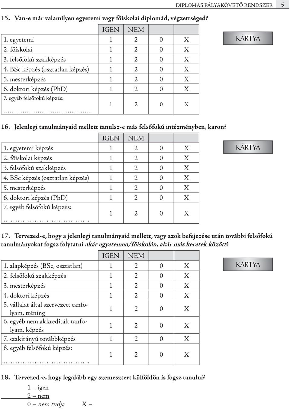 Jelenlegi tanulmányaid mellett tanulsz-e más felsőfokú intézményben, karon? igen nem 1. egyetemi képzés 1 2 0 X 2. főiskolai képzés 1 2 0 X 3. felsőfokú szakképzés 1 2 0 X 4.