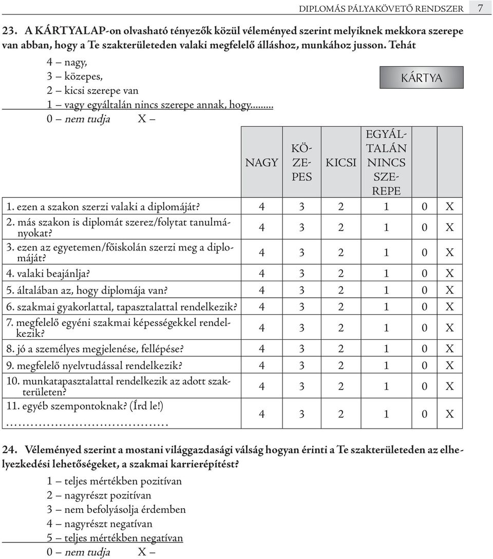 más szakon is diplomát szerez/folytat tanulmányokat? 4 3 2 1 0 X 3. ezen az egyetemen/főiskolán szerzi meg a diplomáját? 4 3 2 1 0 X 4. valaki beajánlja? 4 3 2 1 0 X 5.