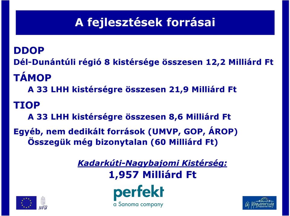 kistérségre összesen 8,6 Milliárd Ft Egyéb, nem dedikált források (UMVP, GOP,