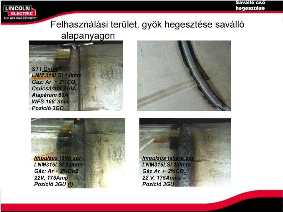 Pozíció 3GD Impulzus töltő sor LNM316LSI 1,0mm Gáz: Ar + 2%Co2 22V, 175Amp Pozíció