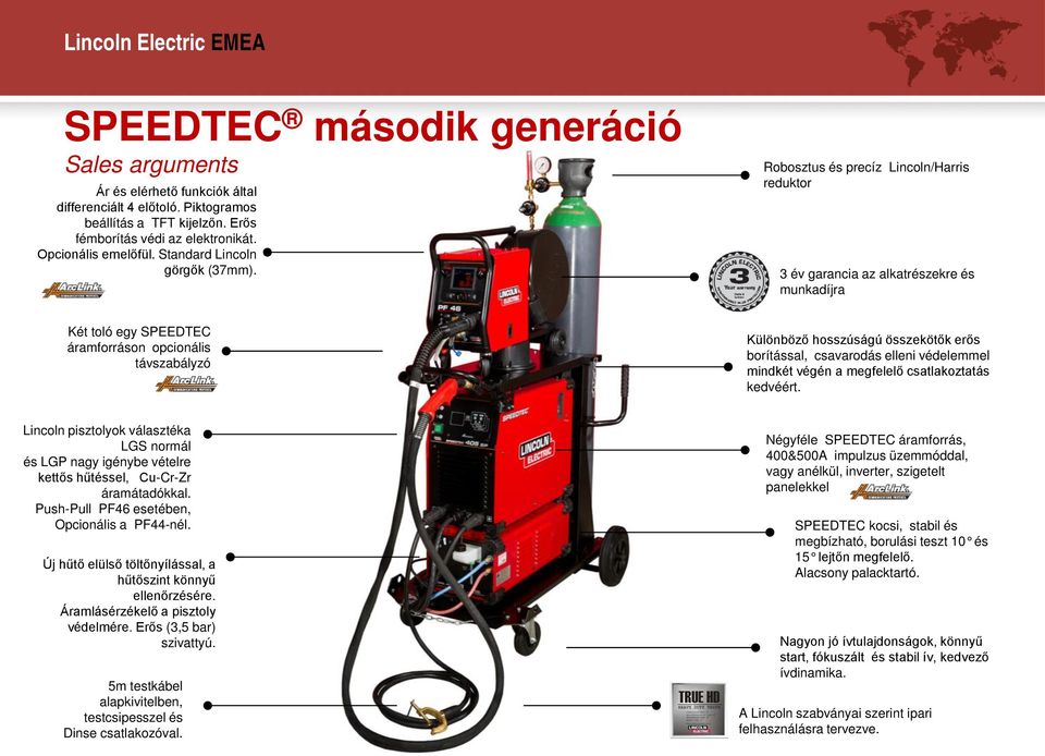 Robosztus és precíz Lincoln/Harris reduktor 3 év garancia az alkatrészekre és munkadíjra Két toló egy SPEEDTEC áramforráson opcionális távszabályzó Különböző hosszúságú összekötők erős borítással,