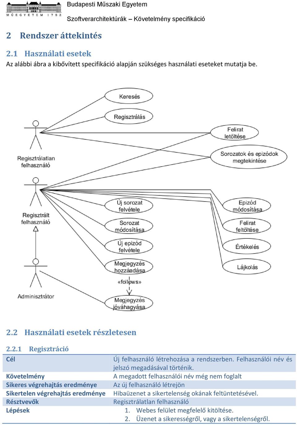 2 Használati esetek részletesen 2.2.1 Regisztráció Új felhasználó létrehozása a rendszerben.