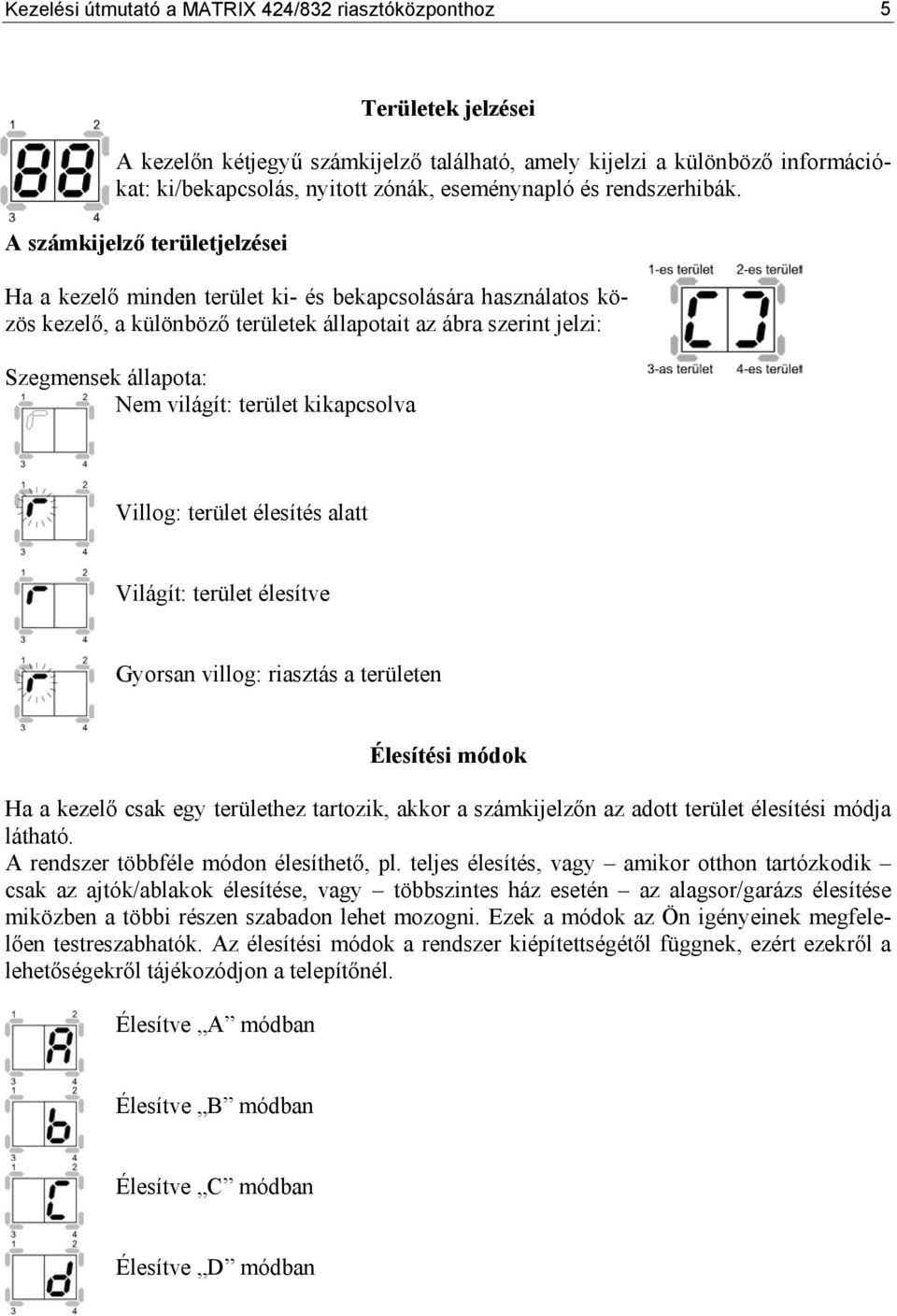 A számkijelző területjelzései Ha a kezelő minden terület ki- és bekapcsolására használatos közös kezelő, a különböző területek állapotait az ábra szerint jelzi: Szegmensek állapota: Nem világít: