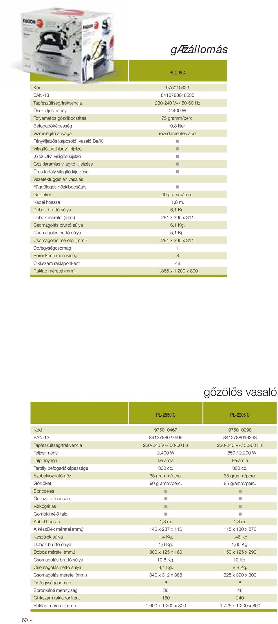 világító kijelzése Vezetékfüggetlen vasalás Függőleges gőzkibocsátás Gőzlöket 90 gramm/perc. Kábel hossza 1,8 m. Doboz bruttó súlya 6,1 Kg. Doboz méretei (mm.