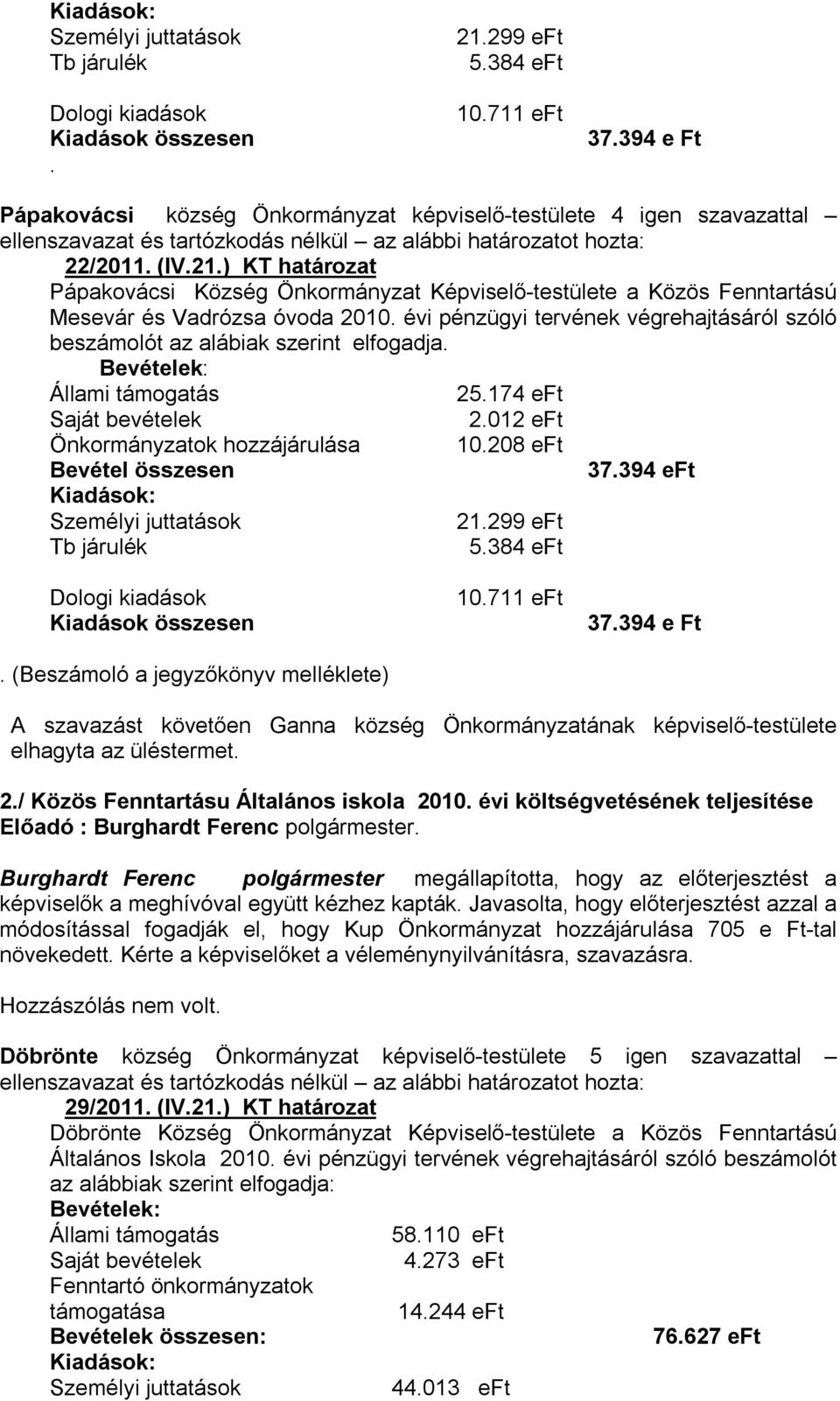 . (Beszámoló a jegyzőkönyv melléklete) A szavazást követően Ganna község Önkormányzatának képviselő-testülete elhagyta az üléstermet. 2./ Közös Fenntartásu Általános iskola 2010.