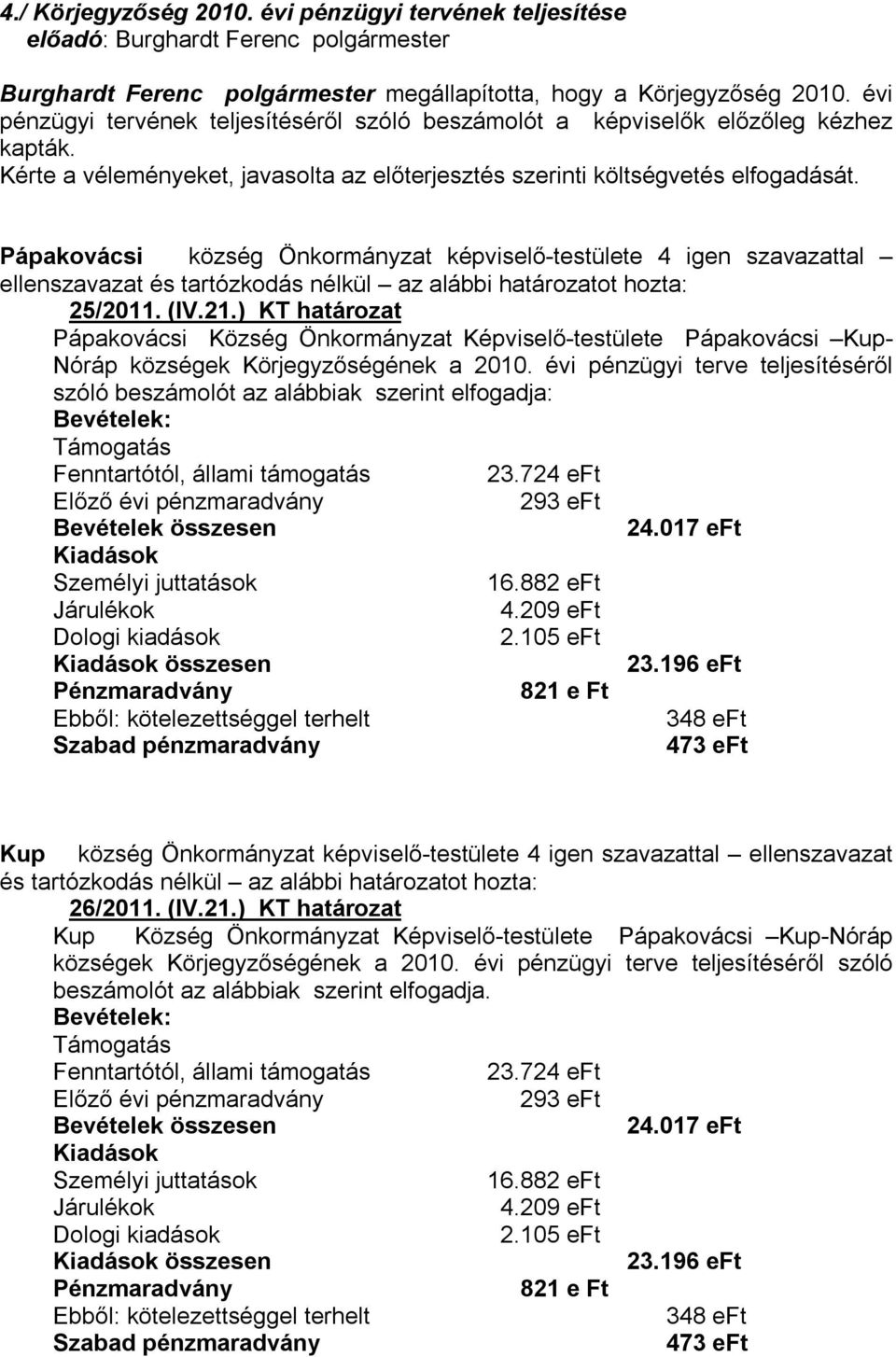 Pápakovácsi község Önkormányzat képviselő-testülete 4 igen szavazattal 25/2011. (IV.21.
