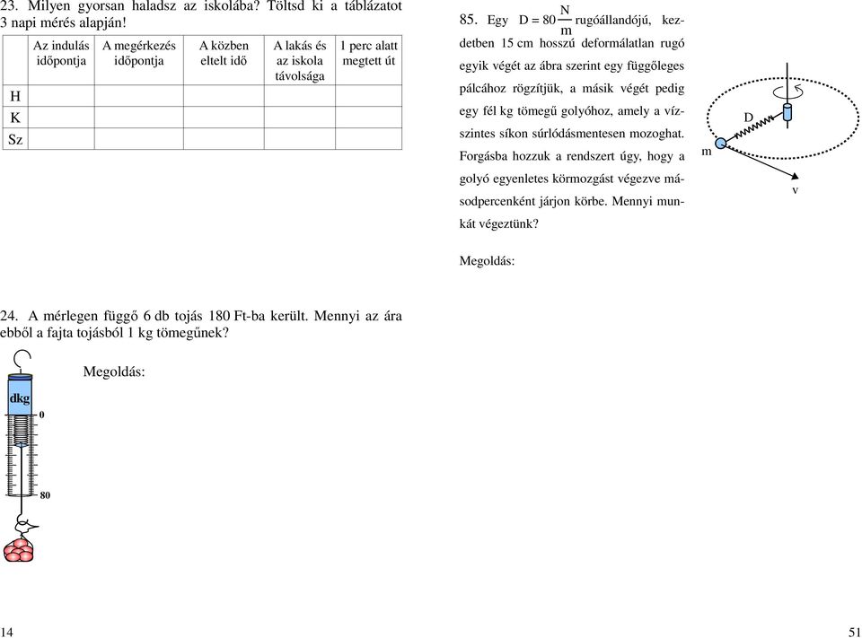 Egy D = 80 rugóállandójú, kezdetben 15 c ozú deforálatlan rugó egyik végét az ábra zerint egy függőlege pálcáoz rögzítjük, a áik végét pedig egy fél kg töegű golyóoz, aely a vízzinte íkon