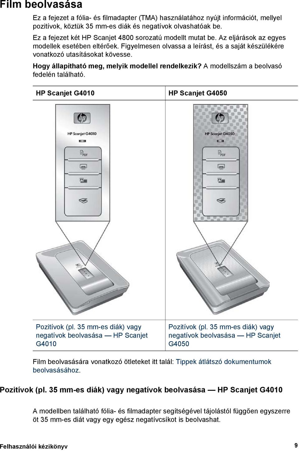 Hogy állapítható meg, melyik modellel rendelkezik? A modellszám a beolvasó fedelén található. HP Scanjet G4010 HP Scanjet G4050 Pozitívok (pl.
