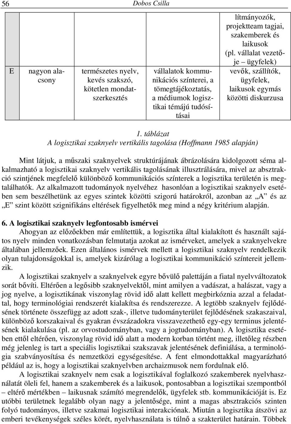 táblázat A logisztikai szaknyelv vertikális tagolása (Hoffmann 1985 alapján) Mint látjuk, a műszaki szaknyelvek struktúrájának ábrázolására kidolgozott séma alkalmazható a logisztikai szaknyelv