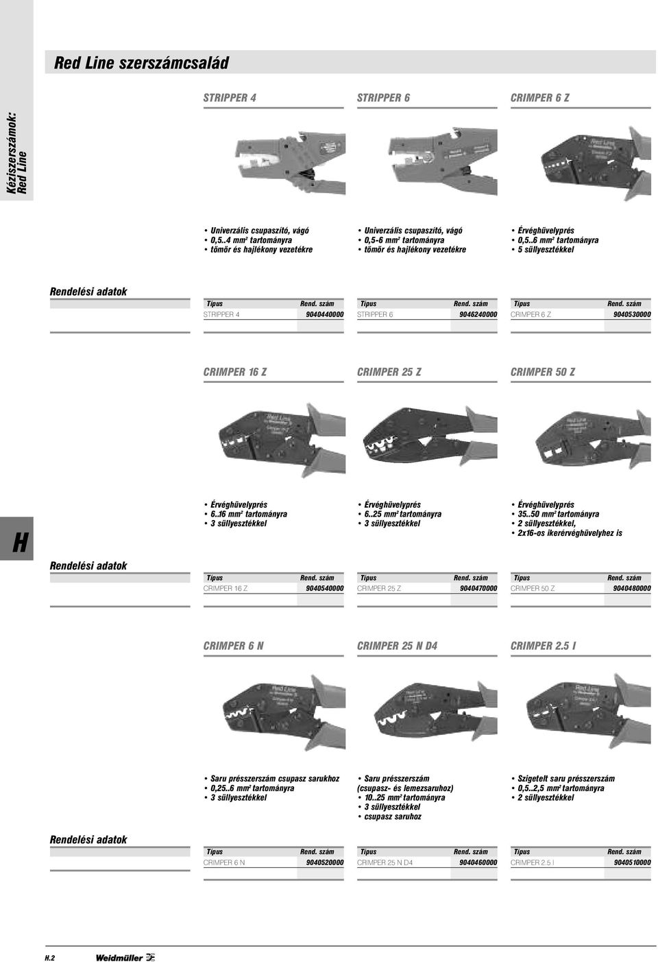 .6 mm 2 tartományra 5 süllyesztékkel STRIPPER 4 9040440000 STRIPPER 6 9046240000 CRIMPER 6 Z 9040530000 CRIMPER 16 Z CRIMPER 25 Z CRIMPER 50 Z Érvéghüvelyprés 6..16 mm 2 tartományra Érvéghüvelyprés 6.