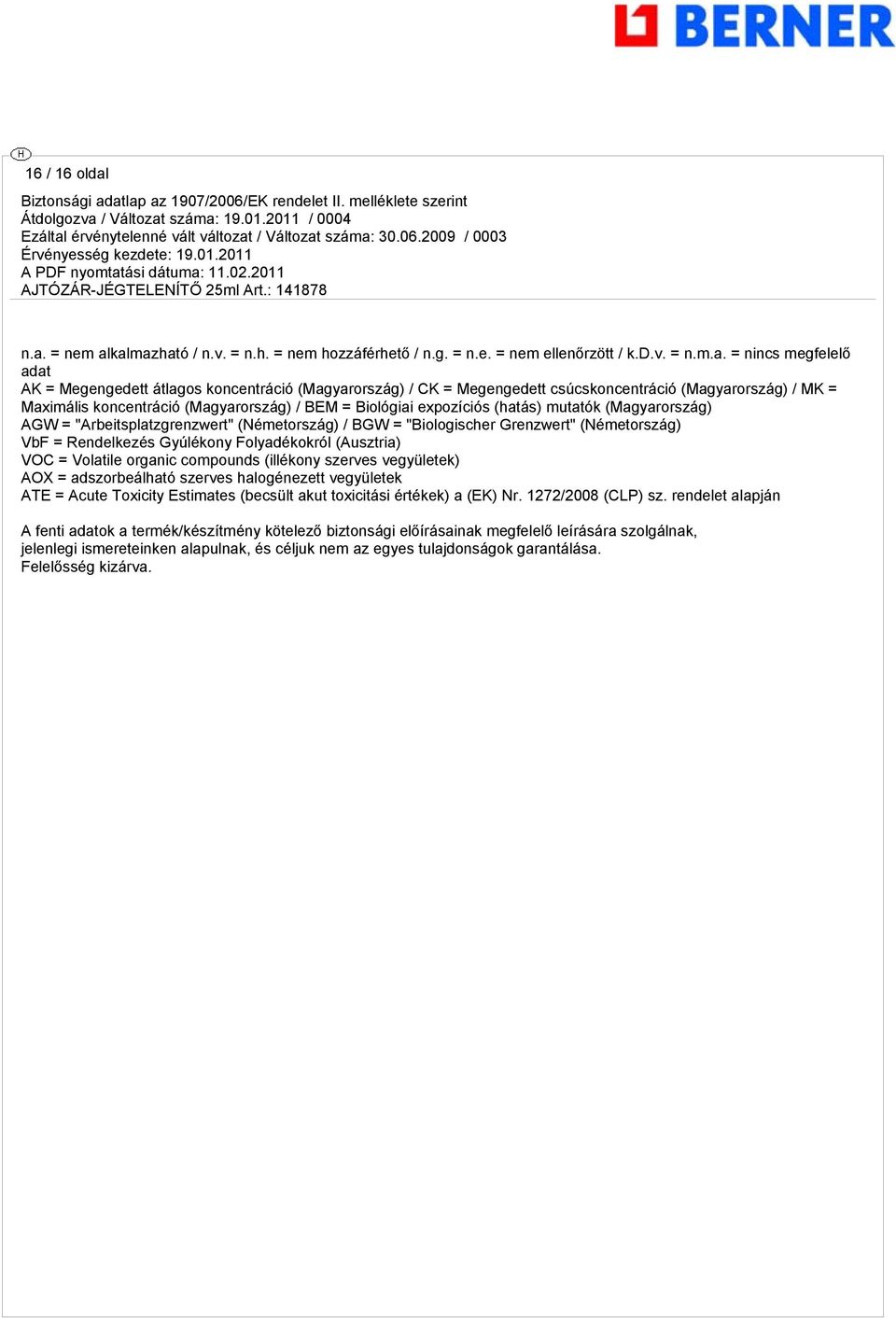 = = nincs megfelelő adat AK = Megengedett átlagos koncentráció (Magyarország) / CK = Megengedett csúcskoncentráció (Magyarország) / MK = Maximális koncentráció (Magyarország) / BEM = Biológiai