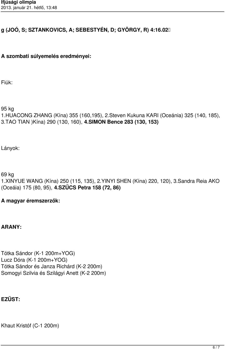 XINYUE WANG (Kína) 250 (115, 135), 2.YINYI SHEN (Kína) 220, 120), 3.Sandra Reia AKO (Oceáia) 175 (80, 95), 4.