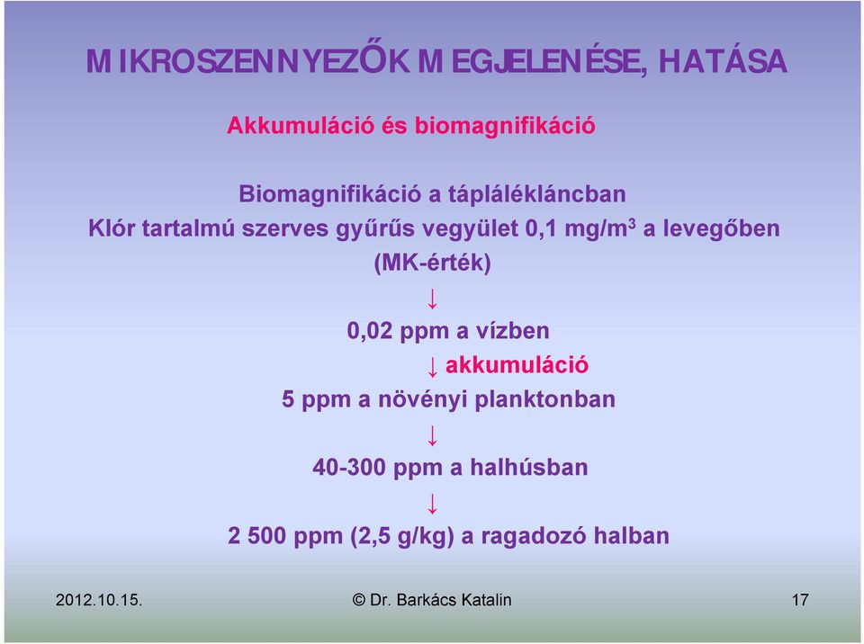 0,1 mg/m 3 a levegőben (MK-érték) 0,02 ppm a vízben akkumuláció 5 ppm a