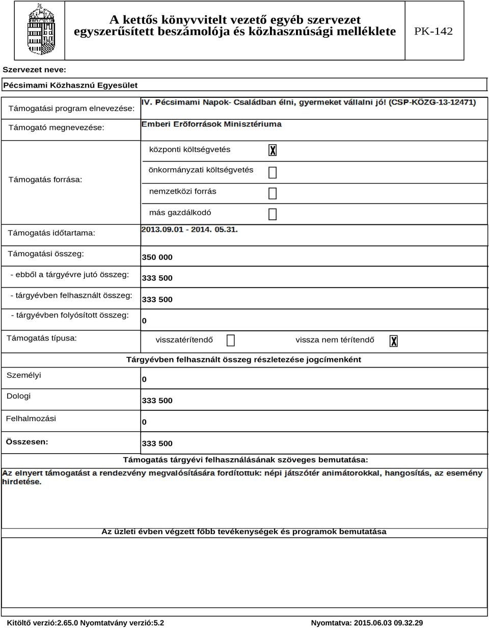 folyósított összeg: Támogatás típusa: 350 000 333 500 333 500 0 visszatérítendő vissza nem térítendő Tárgyévben felhasznált összeg részletezése jogcímenként