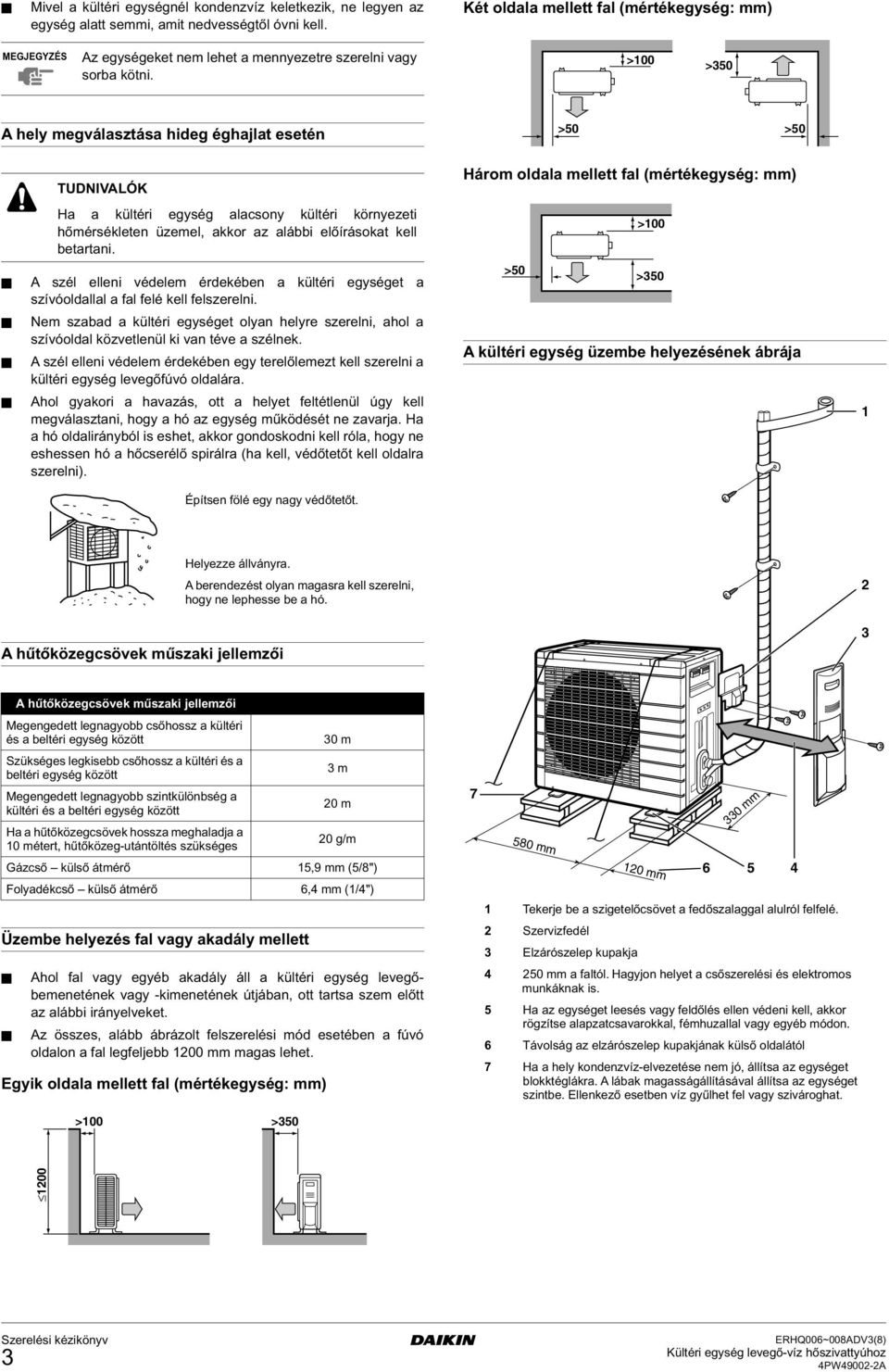 >00 >0 A hely megválasztása hideg éghajlat esetén >0 >0 TUDNIVALÓK Három oldala mellett fal (mértékegység: mm) Ha a kültéri egység alacsony kültéri környezeti hőmérsékleten üzemel, akkor az alábbi