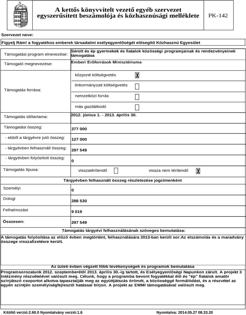 Támogatás típusa: 377 127 297 549 visszatérítendő vissza nem térítendő Tárgyévben felhasznált összeg részletezése jogcímenként Személyi Dologi