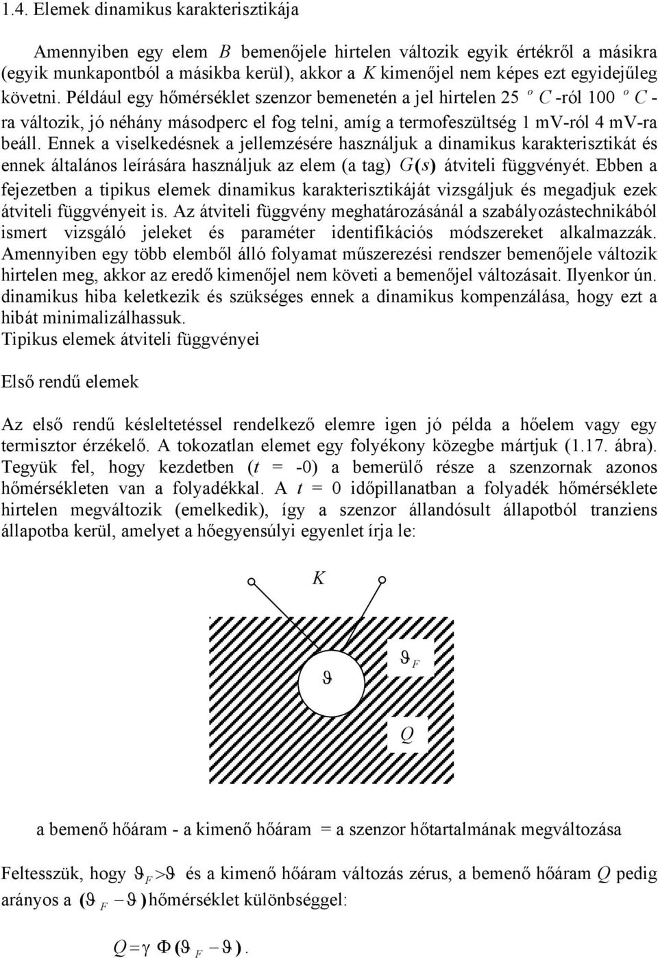 Ennek a viselkedésnek a jellemzésére használjuk a dinamikus karakterisztikát és ennek általános leírására használjuk az elem (a tag) Gs () átviteli függvényét.