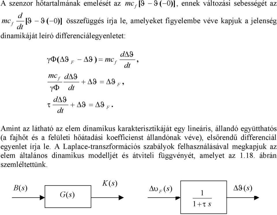 dt Amint az látható az elem dinamikus karakterisztikáját egy lineáris, állandó együtthatós (a fajhőt és a felületi hőátadási koefficienst állandónak véve), elsőrendű