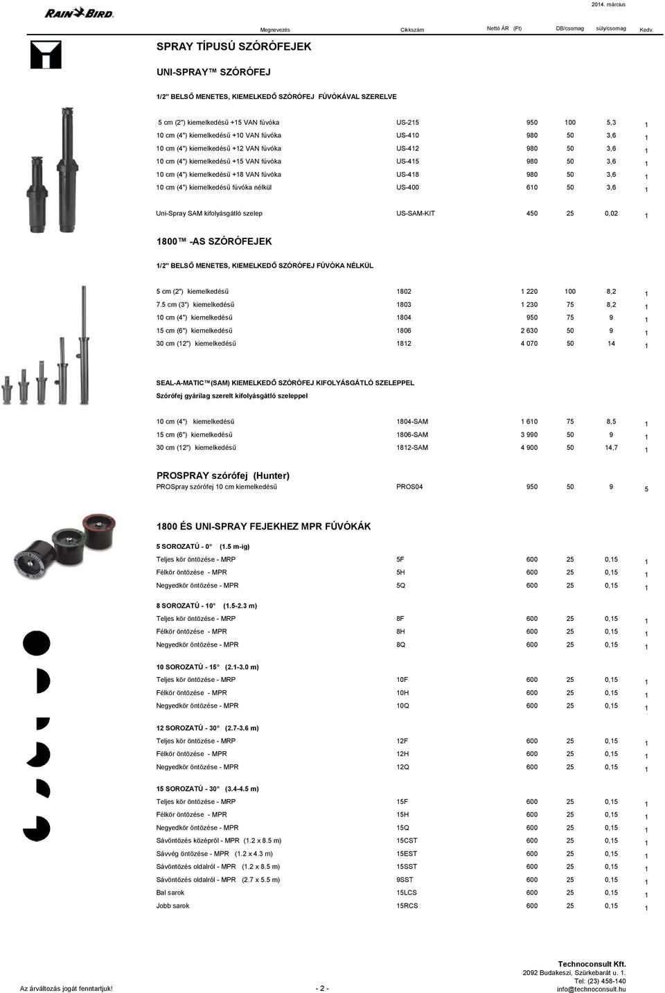 kiemelkedésű fúvóka nélkül US-400 610 50,6 1 Uni-Spray SAM kifolyásgátló szelep US-SAM-KIT 45 0,02 1 1800 -AS SZÓRÓFEJEK 1/2" BELSŐ MENETES, KIEMELKEDŐ SZÓRÓFEJ FÚVÓKA NÉLKÜL 5 cm (2") kiemelkedésű