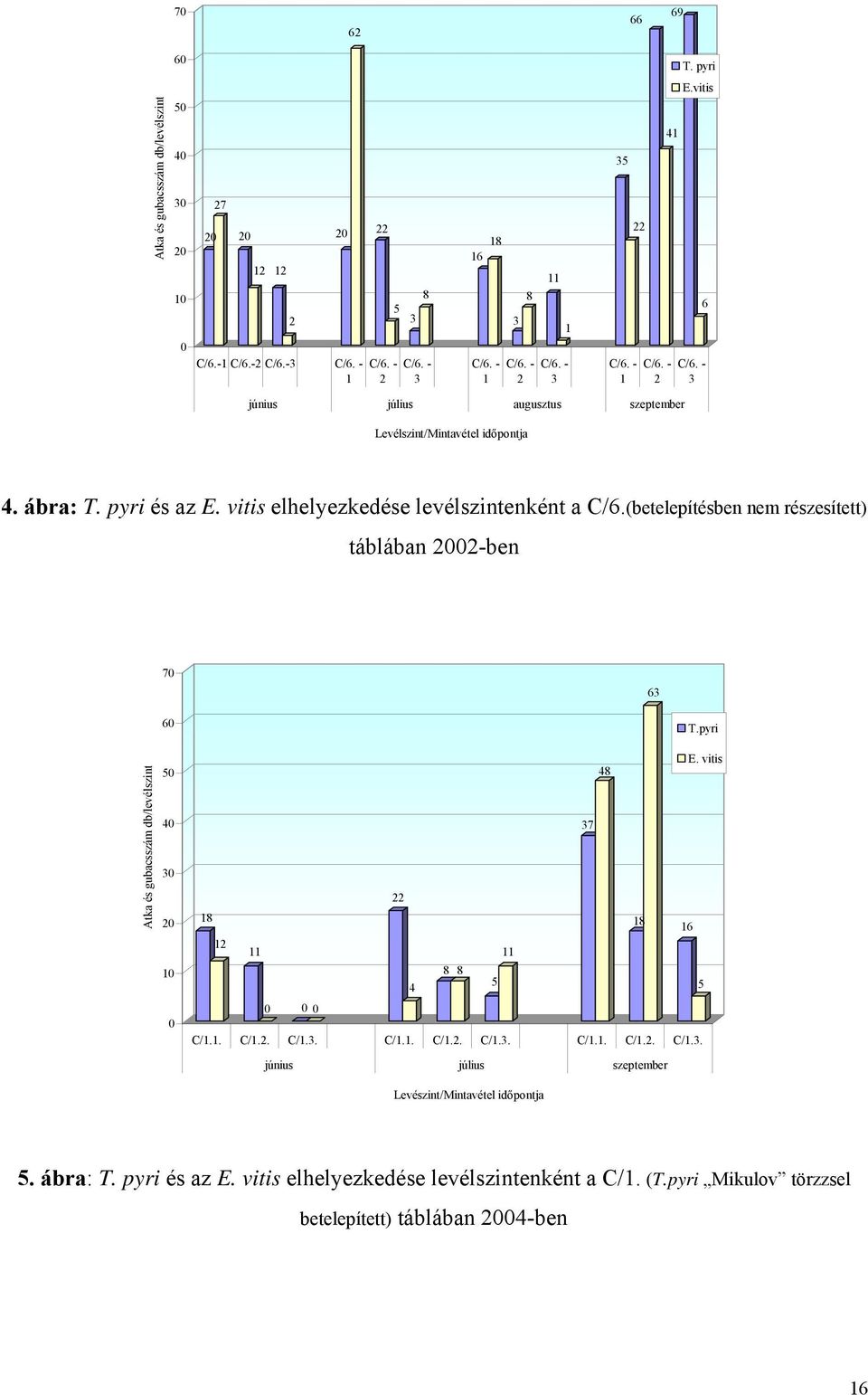 (betelepítésben nem részesített) táblában 2002-ben 70 63 Atka és gubacsszám db/levélszint 60 50 40 30 20 10 0 T.pyri E. vitis 48 37 22 18 18 16 12 11 11 8 8 4 5 5 0 0 0 C/1.1. C/1.2. C/1.3. C/1.1. C/1.2. C/1.3. C/1.1. C/1.2. C/1.3. június július szeptember Levészint/Mintavétel időpontja 5.