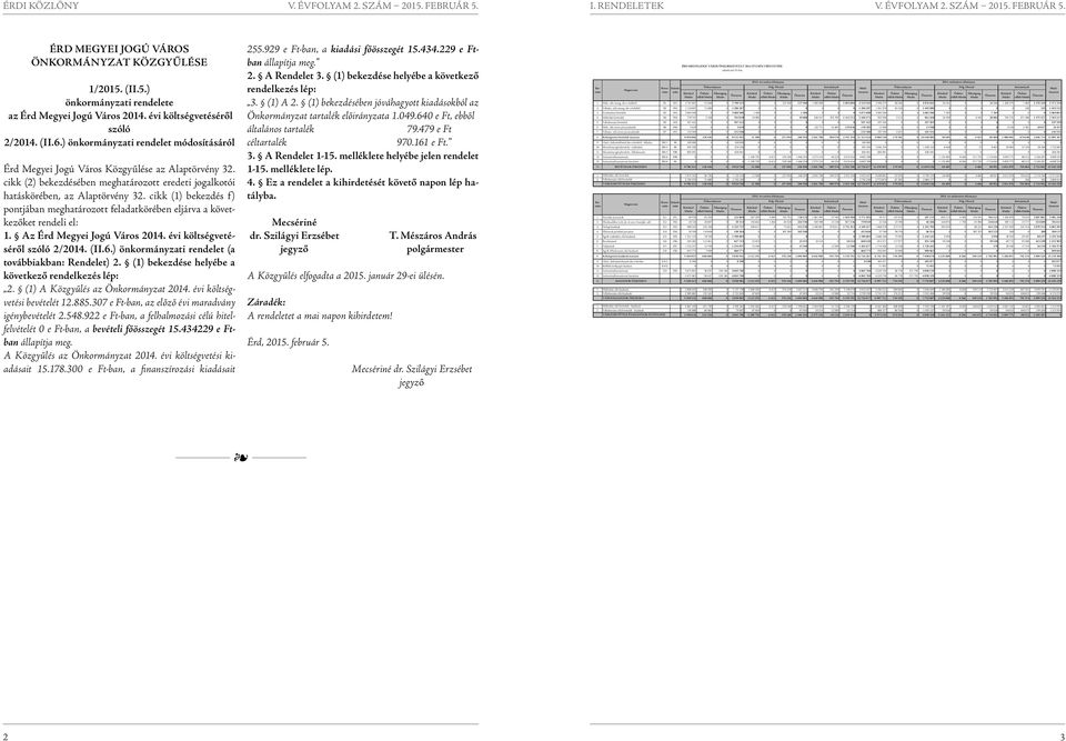 cikk (1) bekezdés f) pontjában meghatározott körében eljárva a következőket rendeli el: 1. Az Érd Megyei Jogú Város 2014. évi költségvetéséről szóló 2/2014. (II.6.