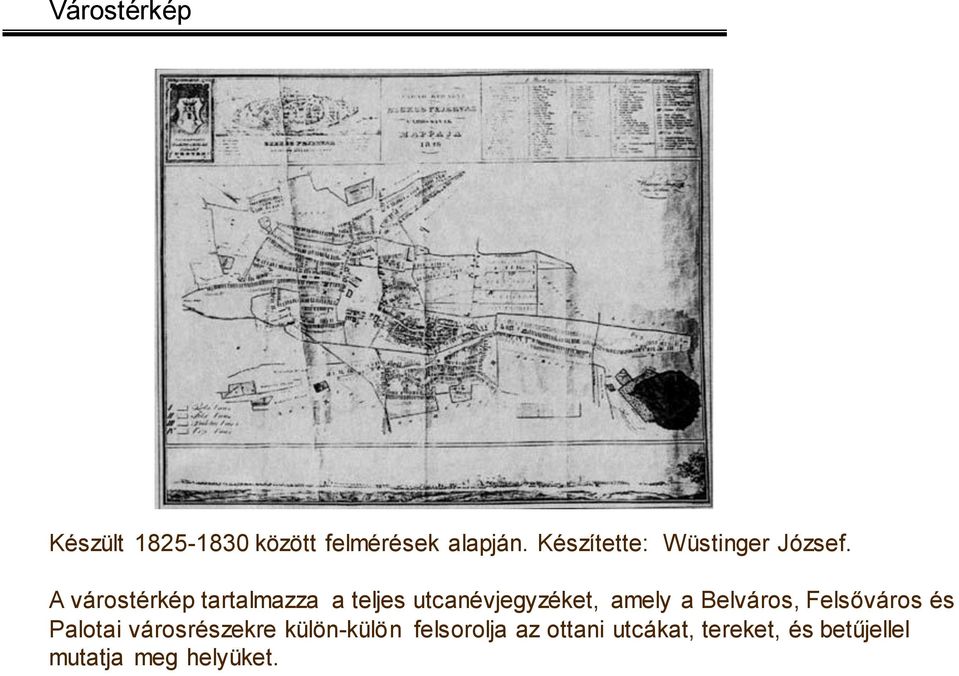 A várostérkép tartalmazza a teljes utcanévjegyzéket, amely a