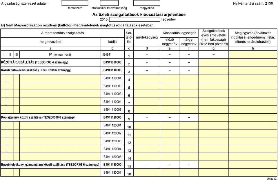 Kőoljtrmék közúti szállítás (TESZOR'8 6 számjy) B4941111 B4941112 B4941113 B4941114 B4941115 B494112 B4941121 B4941122 B4941123