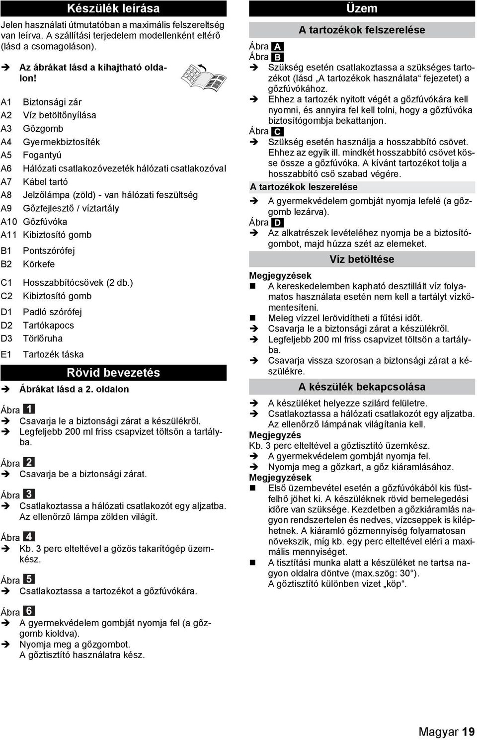 A9 Gőzfejlesztő / víztartály A10 Gőzfúvóka A11 Kibiztosító gomb B1 Pontszórófej B2 Körkefe C1 Hosszabbítócsövek (2 db.