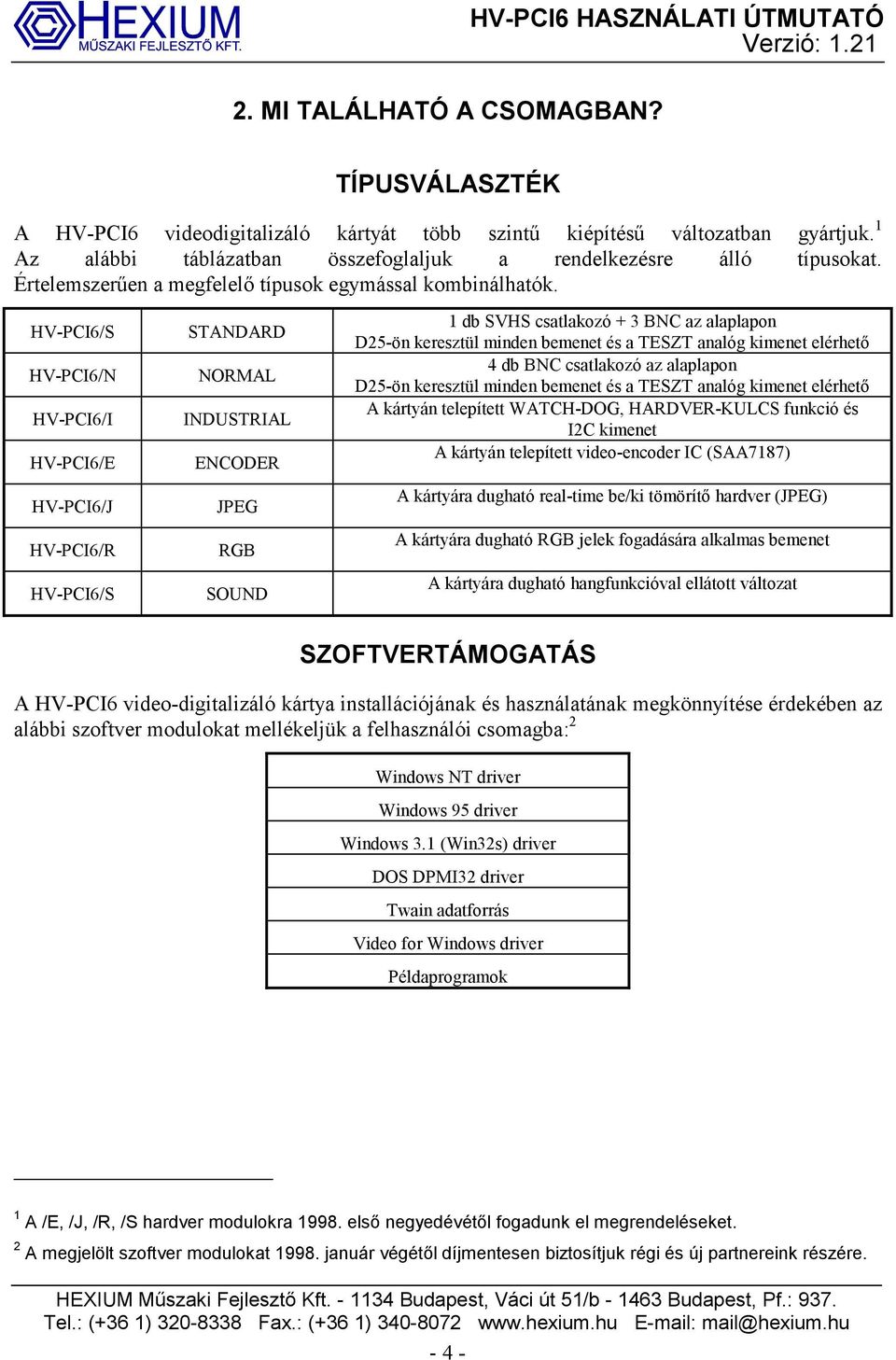 HV-PCI6/S HV-PCI6/N HV-PCI6/I HV-PCI6/E HV-PCI6/J HV-PCI6/R HV-PCI6/S STANDARD NORMAL INDUSTRIAL ENCODER JPEG RGB SOUND 1 db SVHS csatlakozó + 3 BNC az alaplapon D25-ön keresztül minden bemenet és a