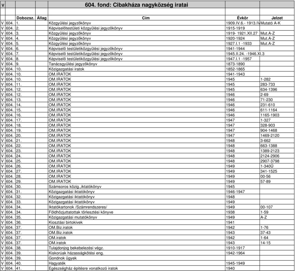 7. Képviselı testületiközgyülési jegyzıkönyv 1945.II.24. -1946.XI.3 V 604. 8. Képviselı testületiközgyülési jegyzıkönyv 1947.I.1-1957 V 604. 9. Tanácsgyülési jegyzıkönyv 1873-1890 V 604. 10.