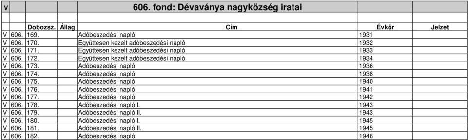 Adóbeszedési napló 1938 V 606. 175. Adóbeszedési napló 1940 V 606. 176. Adóbeszedési napló 1941 V 606. 177. Adóbeszedési napló 1942 V 606. 178.