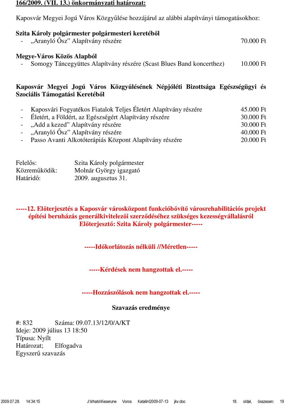 000 Ft Kaposvár Megyei Jogú Város Közgyűlésének Népjóléti Bizottsága Egészségügyi és Szociális Támogatási Keretéből - Kaposvári Fogyatékos Fiatalok Teljes Életért Alapítvány részére 45.