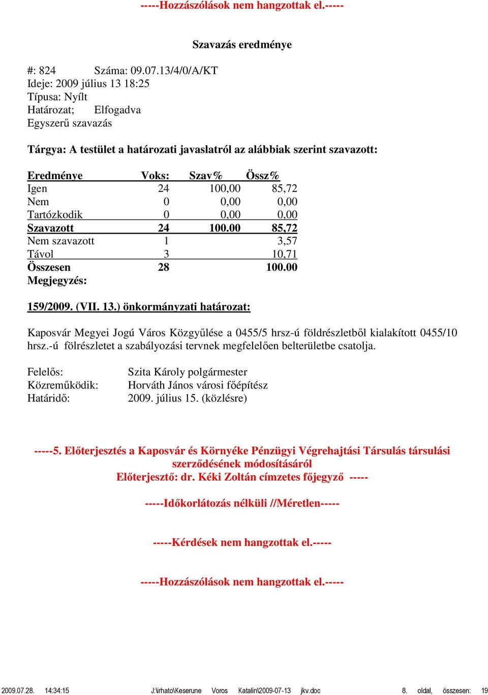 00 85,72 Nem szavazott 1 3,57 159/2009. (VII. 13.) önkormányzati határozat: Kaposvár Megyei Jogú Város Közgyűlése a 0455/5 hrsz-ú földrészletből kialakított 0455/10 hrsz.