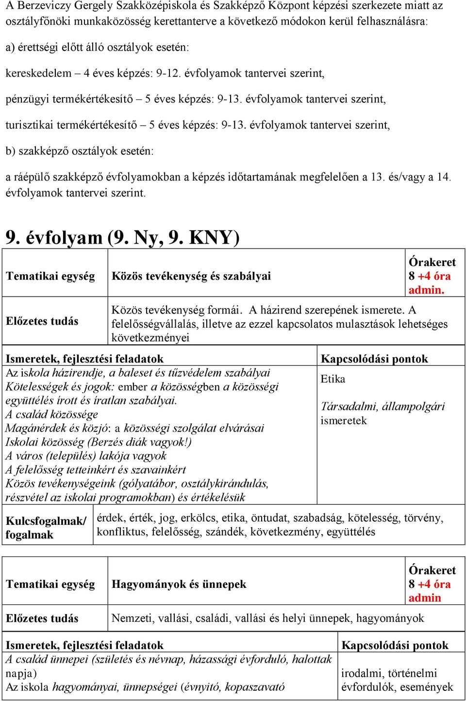 évfolyamok tantervei szerint, turisztikai termékértékesítő 5 éves képzés: 9-13.