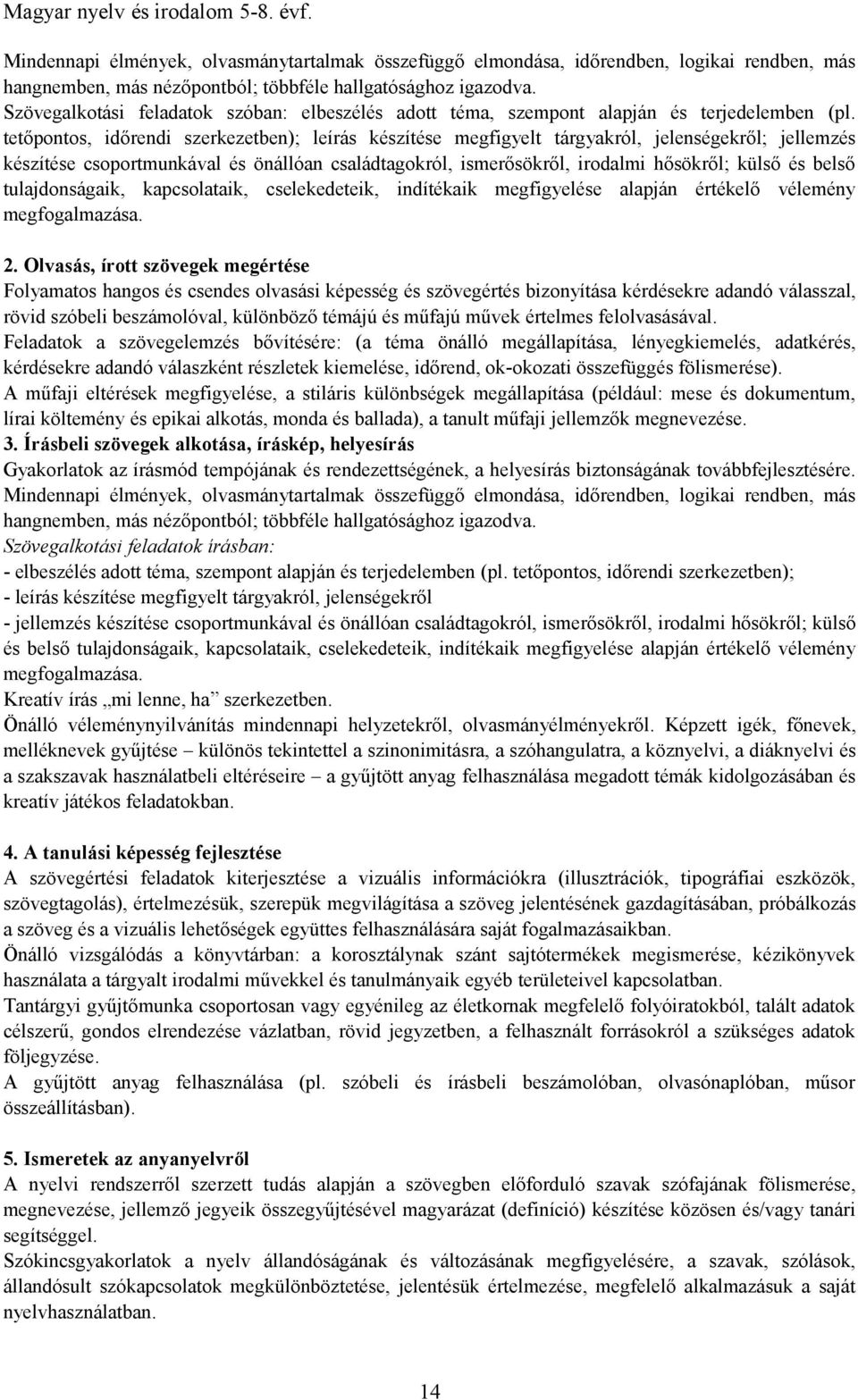 tetőpontos, időrendi szerkezetben); leírás készítése megfigyelt tárgyakról, jelenségekről; jellemzés készítése csoportmunkával és önállóan családtagokról, ismerősökről, irodalmi hősökről; külső és