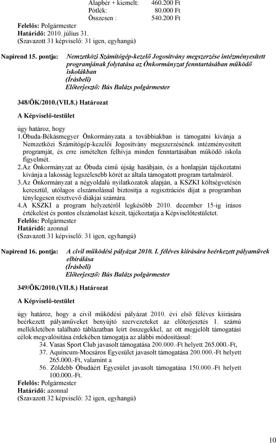 Óbuda-Békásmegyer Önkormányzata a továbbiakban is támogatni kívánja a Nemzetközi Számítógép-kezelői Jogosítvány megszerzésének intézményesített programját, és erre ismételten felhívja minden