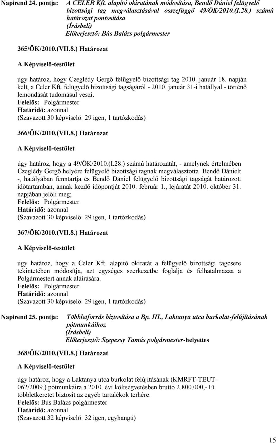 felügyelő bizottsági tagságáról - 2010. január 31-i hatállyal - történő lemondását tudomásul veszi. (Szavazott 30 képviselő: 29 igen, 1 tartózkodás) 366/ÖK/2010.(VII.8.