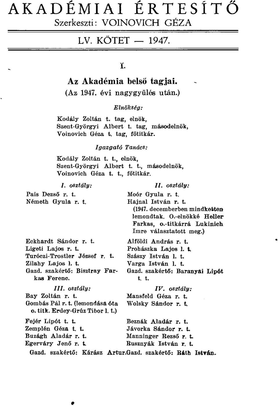 t. Eckhardt Sándor r. t. Ligeti Lajos r. t. Turóczi-Trostler József r. t. Zilahy Lajos 1. t. Gazd. szakértő: Bisztray Farkas Ferenc. III. osztály: Bay Zoltán r. t. Gombás Pál r. t. (lemondása óta o.