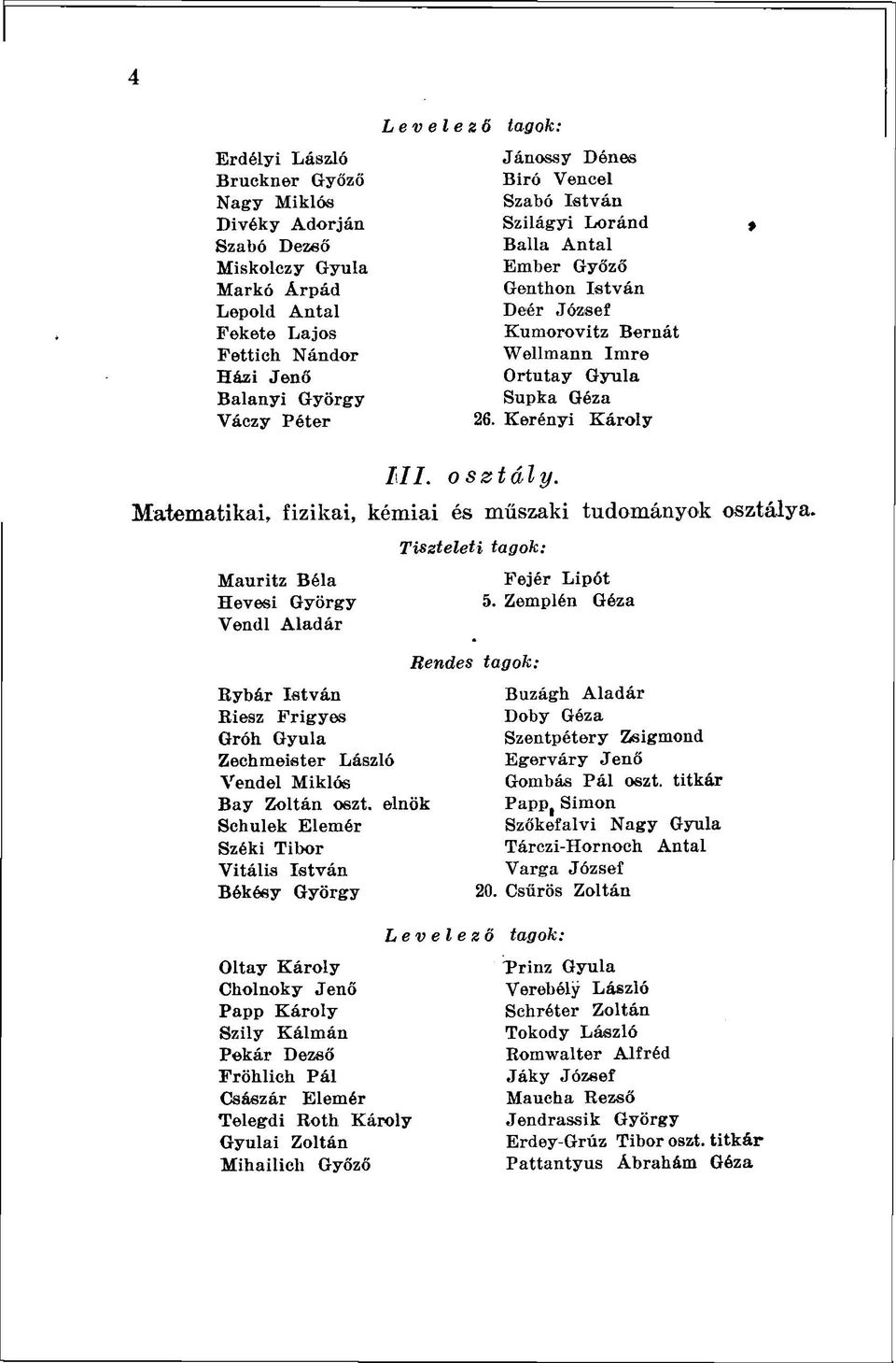 Matematikai, fizikai, kémiai és műszaki tudományok osztálya. Mauritz Béla Hevesi György Vendl Aladár Tiszteleti Rybár István Eiesz Frigyes Gróh Gyula Zechmeister László Vendel Miklós Bay Zoltán oszt.