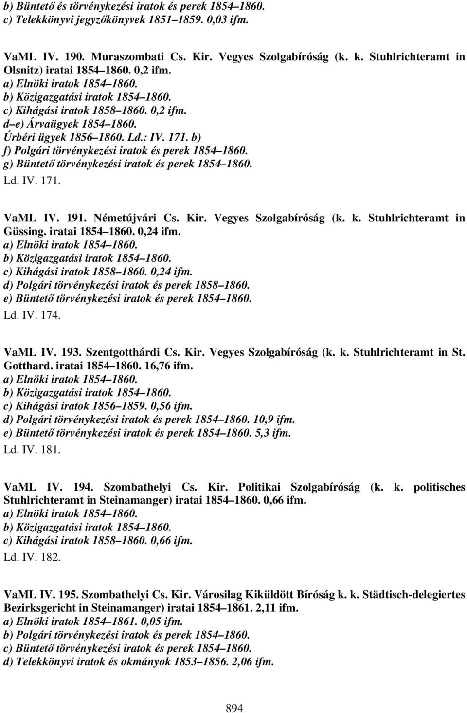 Úrbéri ügyek 1856 1860. Ld.: IV. 171. b) f) Polgári törvénykezési iratok és perek 1854 1860. g) Büntető törvénykezési iratok és perek 1854 1860. Ld. IV. 171. VaML IV. 191. Németújvári Cs. Kir.