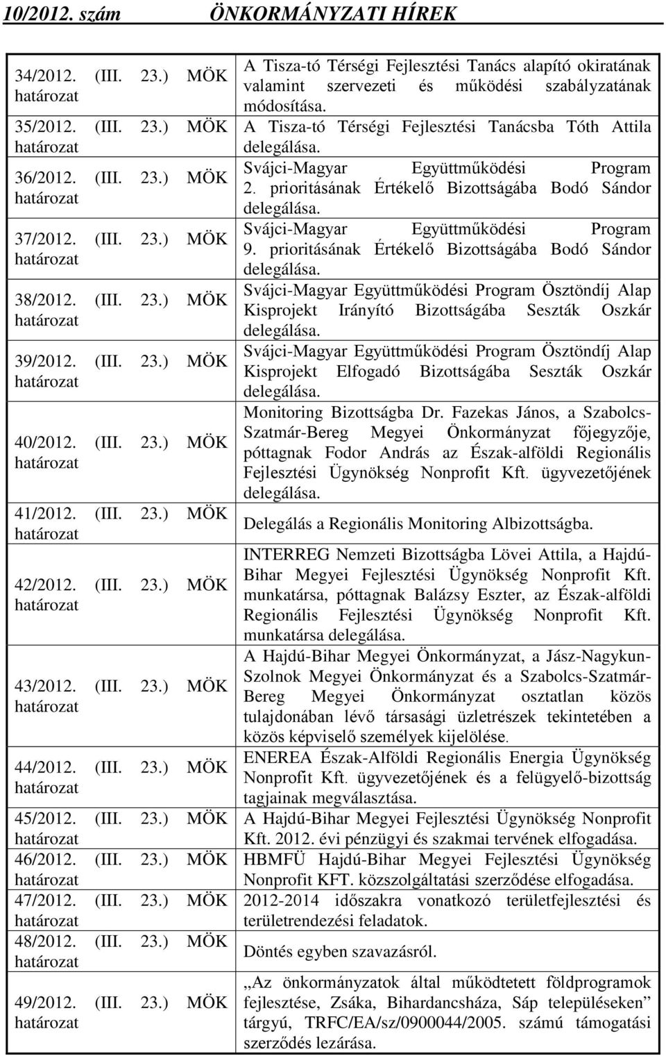 (III. 23.) MÖK határozat 47/2012. (III. 23.) MÖK határozat 48/2012. (III. 23.) MÖK határozat 49/2012. (III. 23.) MÖK határozat A Tisza-tó Térségi Fejlesztési Tanács alapító okiratának valamint szervezeti és működési szabályzatának módosítása.